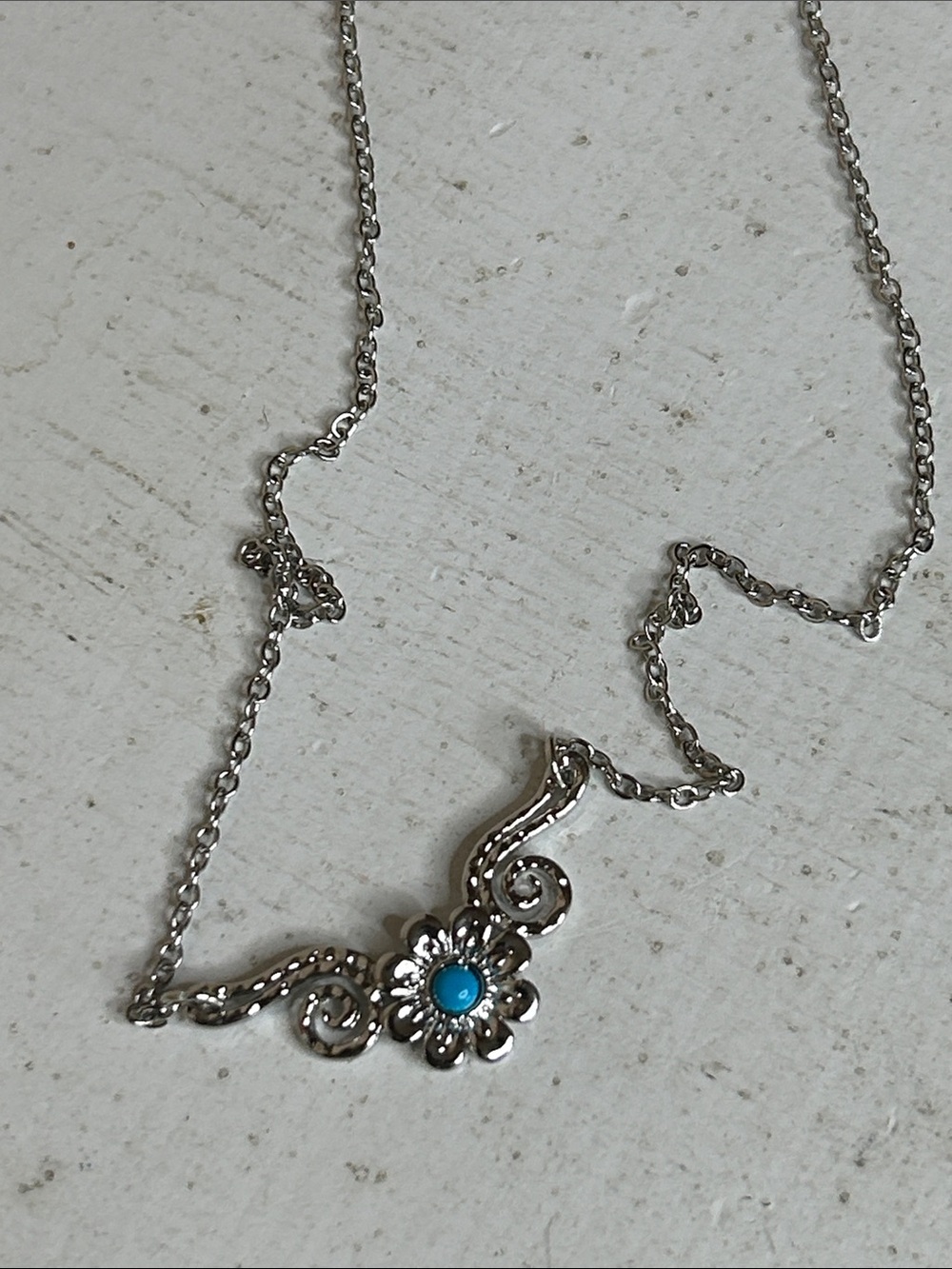 Silver Tone Floral Scroll Necklace with Faux Turquoise
